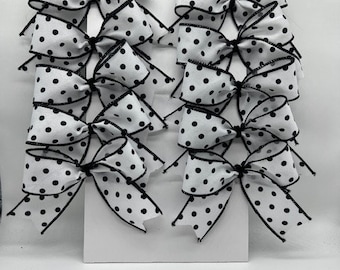 Decorative white ribbon with black polka dot bows/ Set 10 Bows/ Party Treat Bag Bows/ Wreath Bows/ Christmas tree bows/ Any occasion