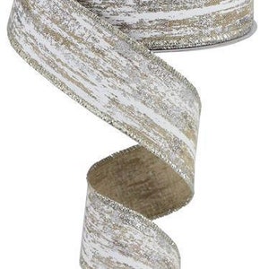 May include: A 2.5 inch wide burlap ribbon with a white and silver glitter distressed woodgrain pattern.