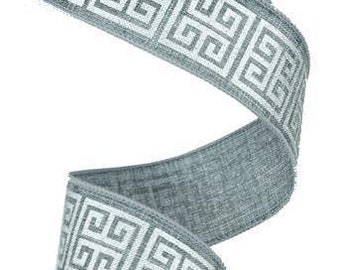 Wired Gray Royal Burlap Ribbon with silver Greek Key print 1.5" x 10 yard RG1606C7