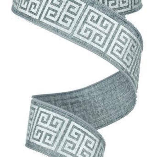 Wired Gray Royal Burlap Ribbon with silver Greek Key print 1.5" x 10 yard RG1606C7