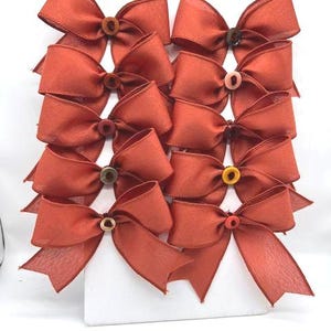 May include: A collection of ten burnt orange fabric bows arranged in two vertical columns. Each bow is crafted from a sheer, textured material and features a small, circular button at its center, with each button displaying a unique color.