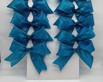 Decorative Turquoise Shimmer Glitter Ribbon No Shed Bow/ Set 10 Bows/ Christmas Treat Bag Bows/ Christmas Tree Bows/ Any occasion bows