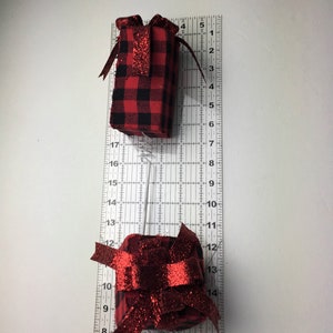 Christmas Pick Spray Stem Black and Red Buffalo Plaid Fabric Gift Box Christmas Floral Stem