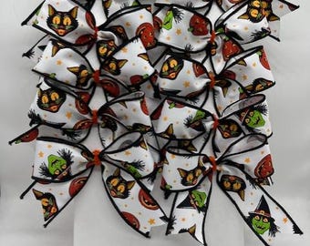 Halloween Face Bows black cat orange pumpkin and lime witch face - Set of 10 bows