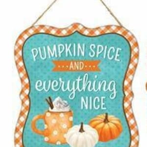 Puede incluir: Un letrero a cuadros naranja y azul verdoso con el texto "Pumpkin Spice and everything nice". El letrero presenta una taza de chocolate caliente con crema batida y un palo de canela, y dos calabazas.