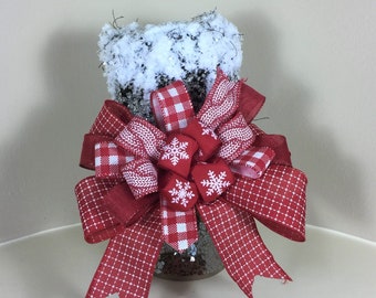 Christmas Tree Topper Snowy Rattan Top Hat with Red and White Wired Ribbon Bows