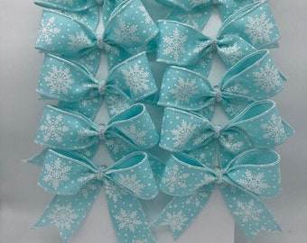 Decorative ice-blue Royal Burlap with white glittered snowflake bows/ Set 10 Bows/ Christmas Tree Bows/ Christmas treat bag bows.