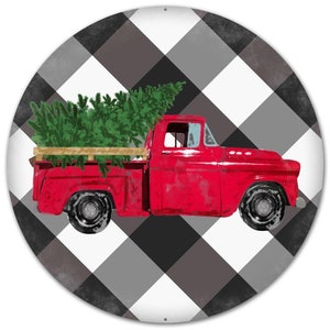 Christmas Red Pickup Truck with Christmas Tree in Bed Sign Black and White Buffalo Plaid Background 12&quot; Round Metal