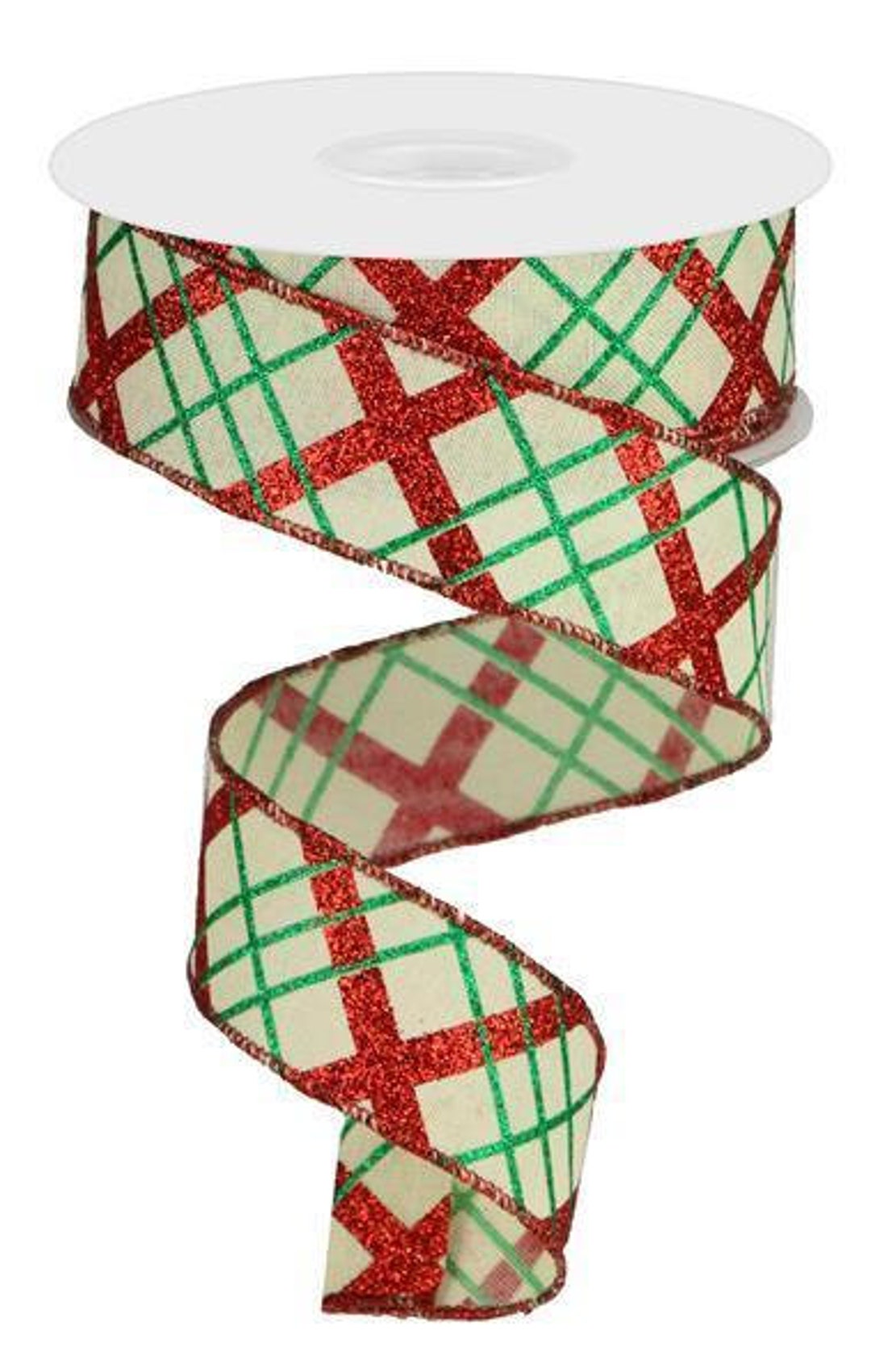 Christmas Wired Ribbon Diagonal Check Cream Red and Green With Green ...