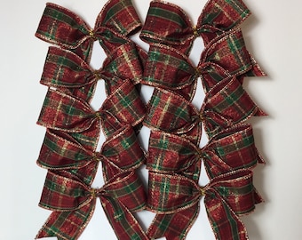 Christmas Decorative Metallic Red Green Gold Plaid Bows/ Set 10 Bows/ Christmas Treat Bag Bows/ Christmas Tree Bows