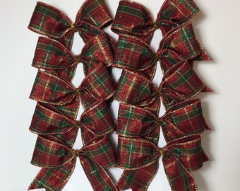 Christmas Decorative Metallic Red Green Gold Plaid Bows/ Set 10 Bows/ Christmas Treat Bag Bows/ Christmas Tree Bows