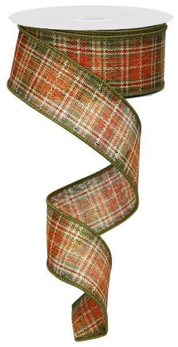 Fall Checkered Plaid Woven Wired Ribbon 1.5" x 10 Yard Roll Moss Rust Cream Colors with Satin Stitch Moss Edge RG01090