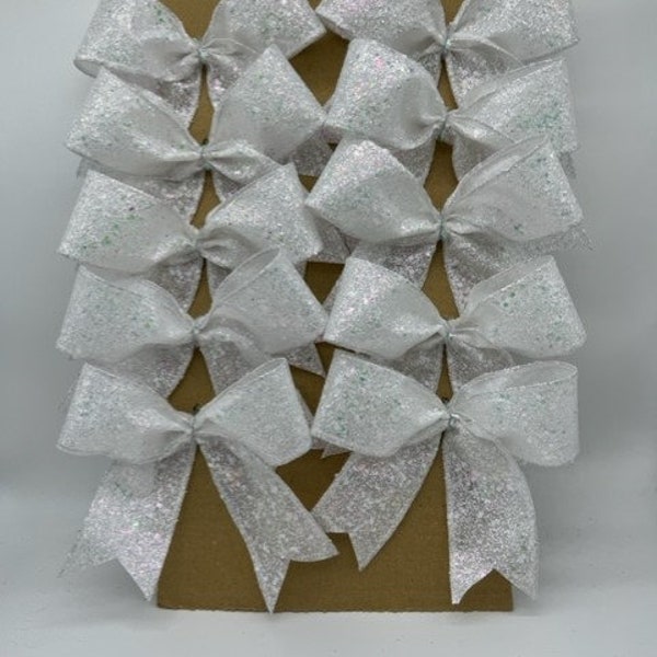 Christmas tree bow set white glittered ribbon bows/ Set 10 Bows/ Christmas Treat Bag Bows/ Christmas Tree Bows