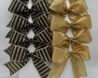 Split Black and Gold Glittered Stripe and gold shimmer set of 10 Bows/ Treat Bag Bows/ Christmas Tree Bows/Christmas Decor/Craft Bow Set 10