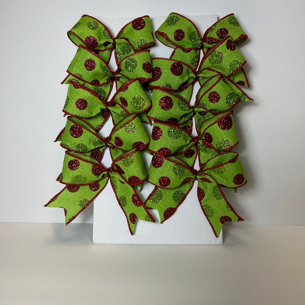 Decorative Lime Green Burlap with Red and Lime Glitter Dots Bows/ Set 10 Bows/ Christmas Tree Bows