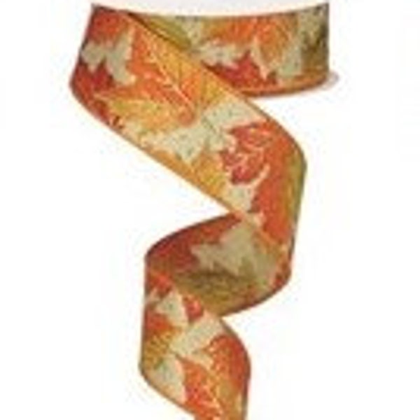 Fall Leaves on Soft Beige Background Wired Ribbon 1.5" x 10 Yard Roll Orange Moss Rust Cream Gold Colors