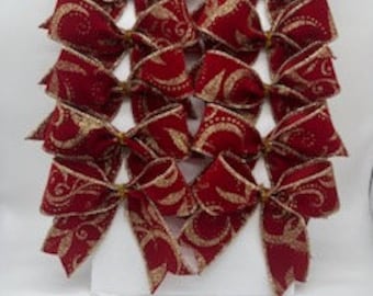 Christmas Decorative Bright Red -Not Burgandy-Velvet Gold Glitter Swirls Bows/ Set 10 Bows/ Christmas Treat Bag Bows/ Christmas Tree Bows