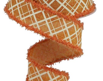 Fall Wired Ribbon Line Check Talisman Orange with Ivory Checks on Royal Burlap Finished with a Drift Edge 1.5" x 10 Yard 081005