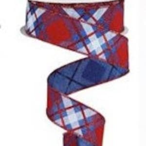 Red White Blue Diagonal glittered plaid on Royal Burlap finished in a matching edge 1.5x10 Yd RGA120125