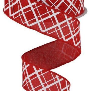 Red & White Line Check Wired Ribbon: Royal Burlap with Satin Stitch - 1.5" x 10 Yard