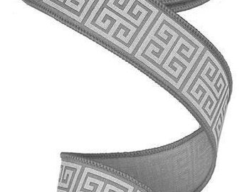 Wired Gray Royal Burlap Ribbon with white Greek Key print 1.5" x 10 yard RG160610