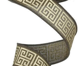 Wired Brown Royal Burlap Ribbon with gold Greek Key print 1.5" x 10 yard RG1609CB