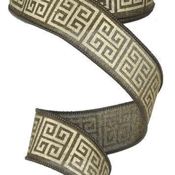 Wired Brown Royal Burlap Ribbon with gold Greek Key print 1.5" x 10 yard RG1609CB