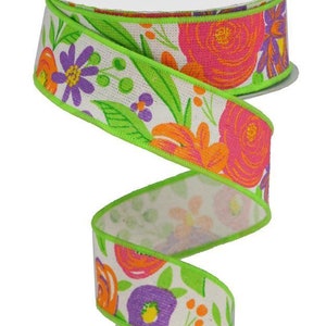 Summer Flowers Wired Royal Burlap Ribbon  1.5&quot; x 10 Yard Roll Edged in Lime Green