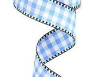 Baby Blue and White Gingham Check Wired Ribbon With Black and White Dot Edge 1.5" x 10 Yards