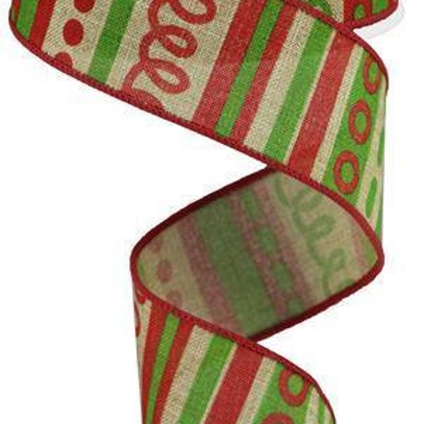 Christmas Color Royal Burlap Wired Tan Ribbon with Red and Lime Green Loopy Design with a Stitched Edge 1.5" x 10 Yard Roll RG01314XY