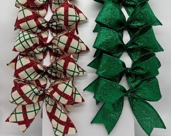 Christmas Glitter Diagonal Plaid Tree Bows Red Green Off- White and emerald shimmer set 10 Bow/ Christmas Treat Bag Bow/ Christmas Tree Bows