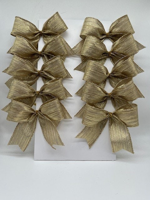 Decorative Shiny Gold Metallic Ribbon Bows/ Set 10 Bows/ Christmas Treat Bag Bows/ Christmas Tree Bows/ Sports team/ Any occasion bows