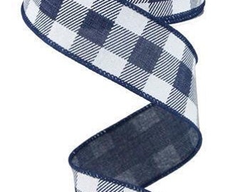 Navy Blue and White Check Wired Ribbon: Royal Burlap with Satin Stitch - 1.5" x 10 Yard