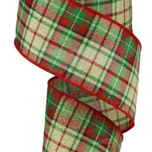 Christmas Red Green Cream Plaid Wired Ribbon Roll 2.5&quot; x 10 Yard 1443