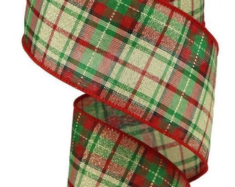 Christmas Red Green Cream Plaid Wired Ribbon Roll 2.5" x 10 Yard 1443