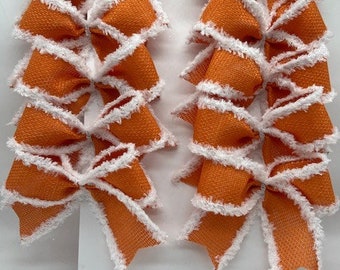 Decorative orange cross burlap bows with white drift edge/ Set 10 Bows/ Christmas treat bag bows/ Christmas tree bows Halloween or Fall bows