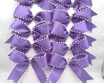 Decorative Lavender Satin with white  PomPom Edge Bows/ Set 10 Bows/ Baby Girl Treat Bag Bows/ Baby Decor Bows/ Wreath Bows/ Spring bows