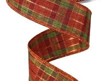 Fall Checkered Metallic Plaid Wired Ribbon  1.5" x 10 Yard Roll Orange Moss Green and Copper Colors RGE1328