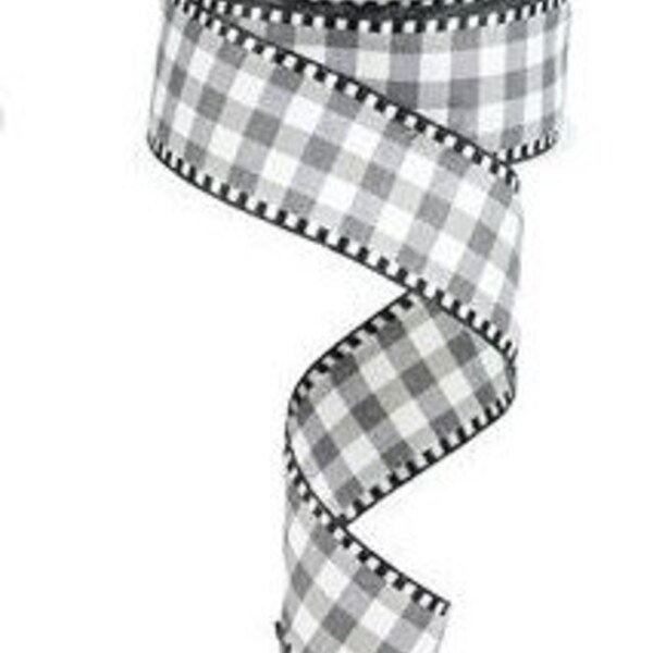 Ruban filaire gris et blanc Gingham Check avec bord de point noir et blanc 1,5 « x 10 yards