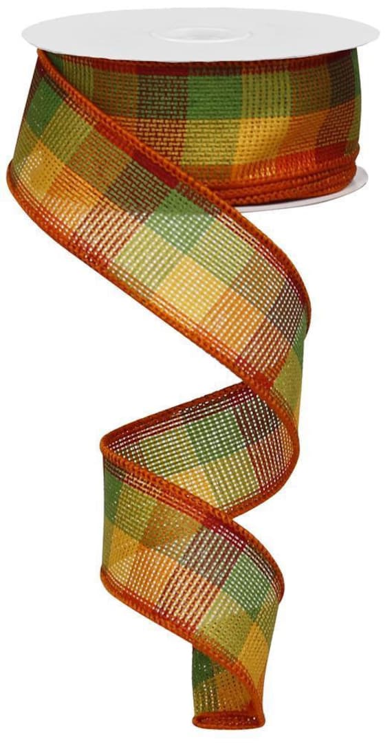 Fall Checkered Plaid Wired Ribbon 1.5" x 10 Yard Roll Orange Moss Rust Cream Colors with Satin Stitch Rust Edge