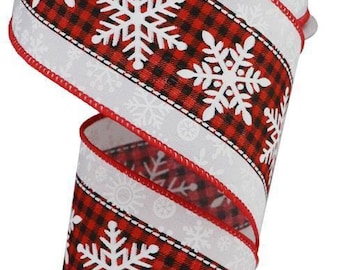 Christmas Red and Black Buffalo Plaid Background with White Snowflake Wired Burlap Ribbon with red satin edge 2.5" x 10 Yard Roll 109627