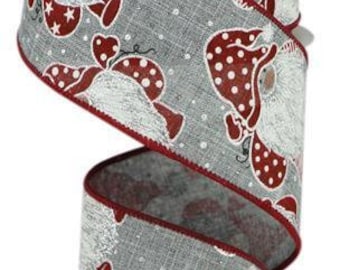 May include: A 2.5 inch wide wired ribbon with a gray background and a white and red gnome design. The ribbon has a red wired edge.
