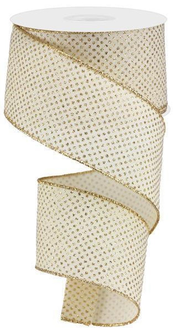 Ivory Cream with Gold Micro Dot Wired Royal Burlap Ribbon 2.5" x 10 Yards Matching Gold Satin Stitch Edge RGA17323R