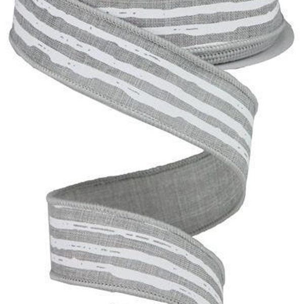 Gray with White Uneven Stripes on Wired Royal Burlap Ribbon Finished in a Matching Edge 1.5x10 Yd RGA138110