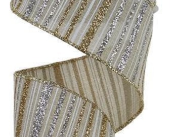 May include: A roll of 2.5 inch wide wired ribbon with a beige, gold, and silver striped pattern. The ribbon has a shimmery finish.