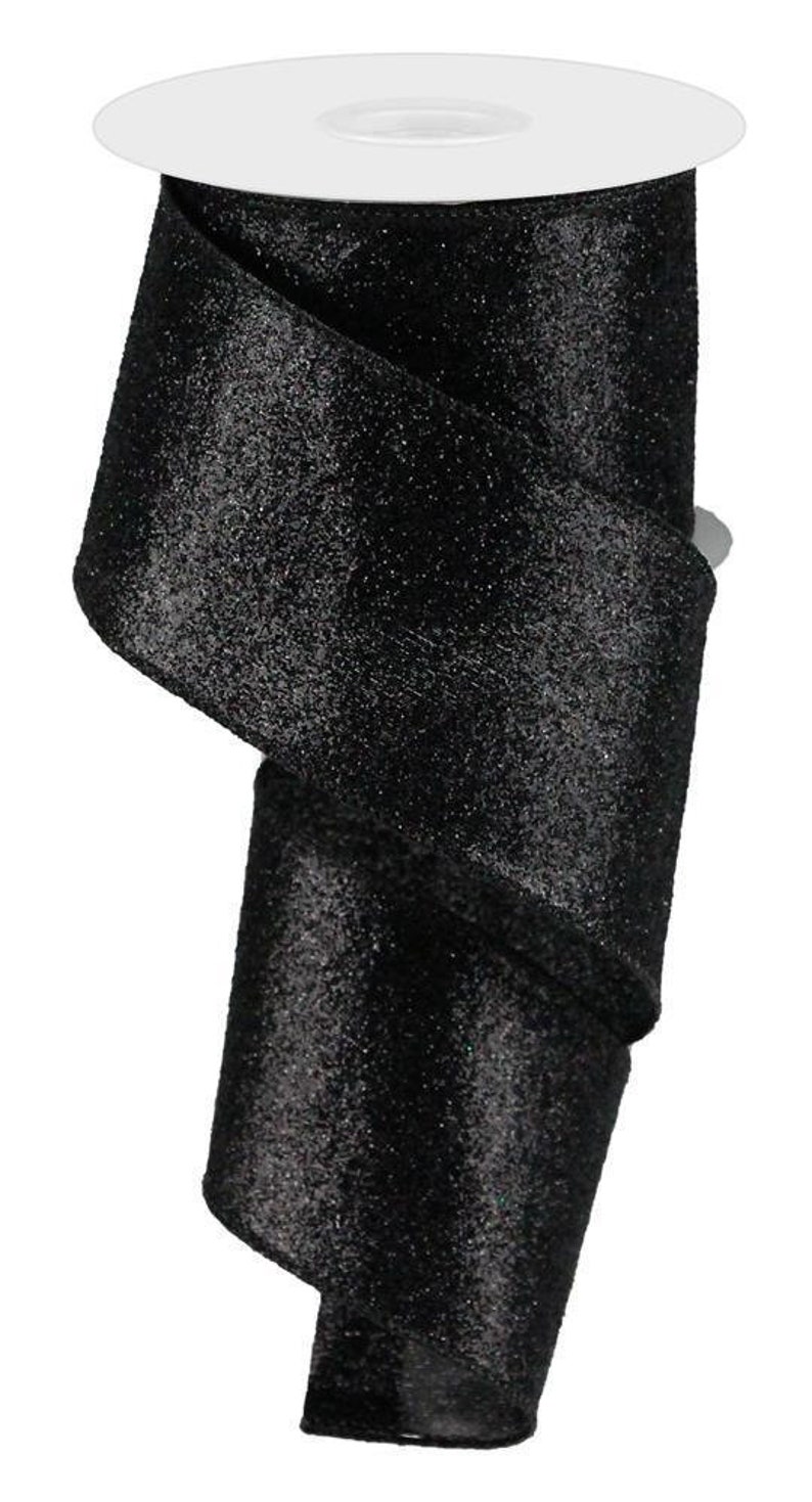 Black Glittered Wired Ribbon Matching Satin Stitch Edge 2.5 x 10 Yards