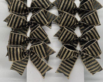 Black and Gold Glittered Stripe Bows/ Set 10 Bows/ Christmas Treat Bag Bows/ Christmas Tree Bows/Christmas Decor/Craft Bow Set 10