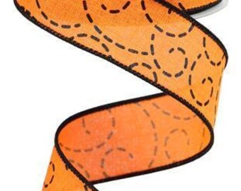 Orange Royal Jute met Zwarte Dashed Swirls en een Black Satin Finished Edge Wired Ribbon 1.5" x 10 yard RGC127420