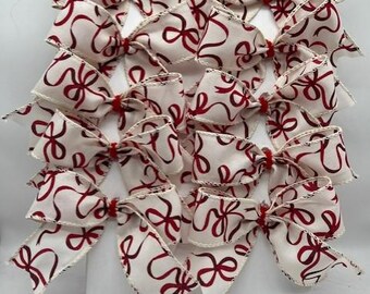Decorative ivory with red bows on Royal Burlap / Set 10 bows/ treat bag bows/ decor bows tree decoration / Christmas / July 4 / Valentines