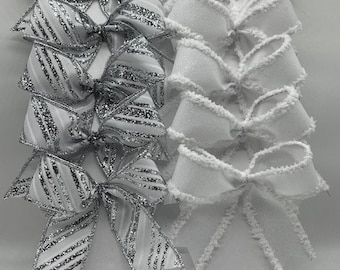 Decorative silver glitter on white stripe ribbon mixed with white shimmer drift Bow/ Set 10 Bows/ Treat Bag Bow/ Christmas Tree Bow/ Any